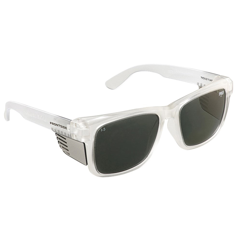 SAFETY GLASSES FRONTSIDE POLARISED SMOKE LENS WITH CLEAR FRAME