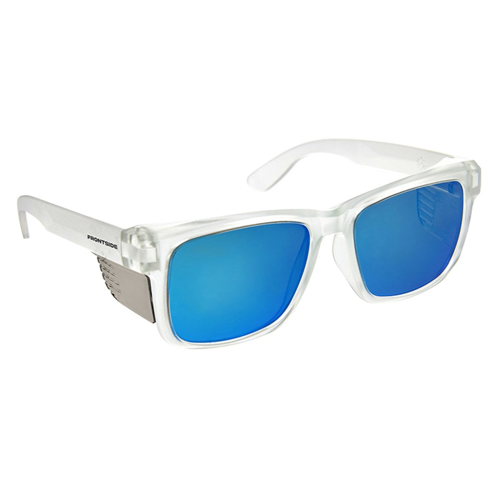 SAFETY GLASSES FRONTSIDE POLARISED BLUE REVO LENS WITH CLEAR FRAME